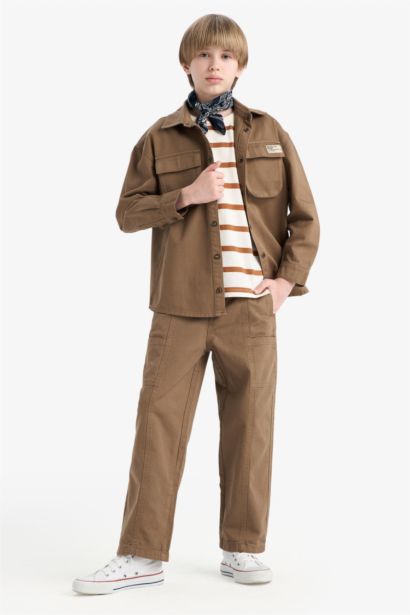 Boy Oversize Polo Collar Gabardine Long Sleeve Shirt