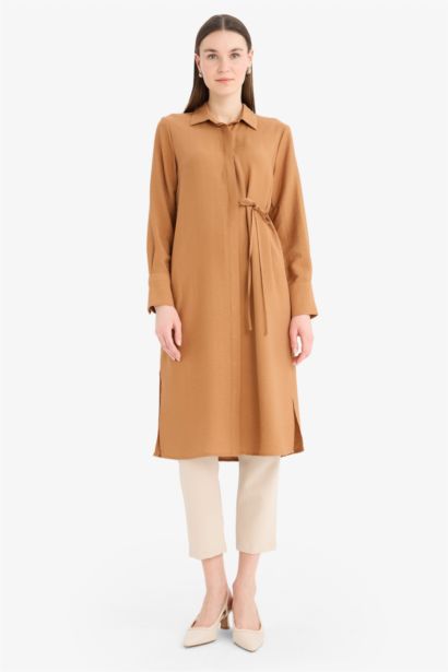 Regular Fit Gömlek Yaka Büzgülü Uzun Kollu Diz Altı Tesettür Tunik