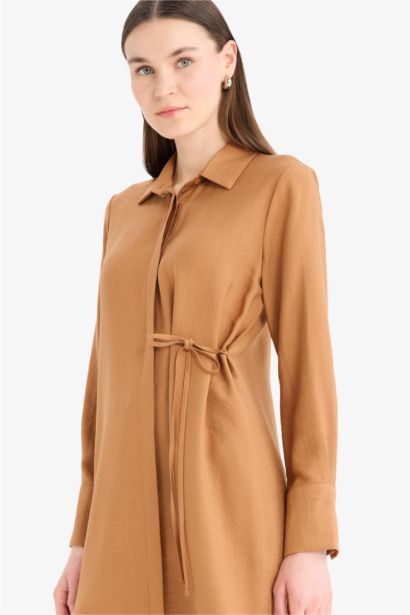 Regular Fit Gömlek Yaka Büzgülü Uzun Kollu Diz Altı Tesettür Tunik