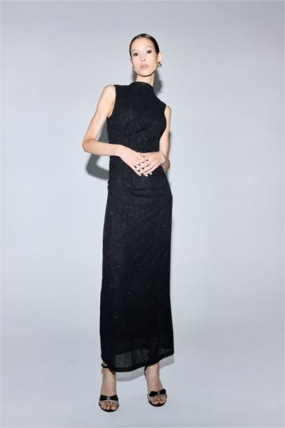 Fitted Embroidered Velvet Sleeveless Maxi Dress