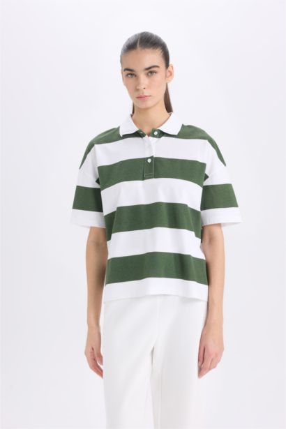 تيشيرت بولو مخطط نص ردن قطن قصة مريحة