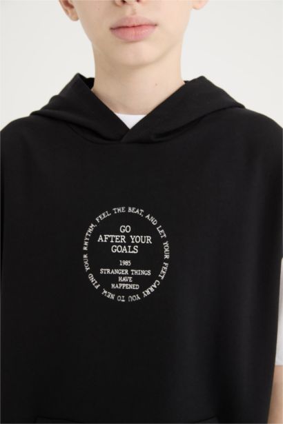 3'lü Takım Kapüşonlu Kolsuz Baskılı Sweatshirt Kısa Kollu Tişört Beli Paçası Lastikli Eşofman Altı Erkek Çocuk