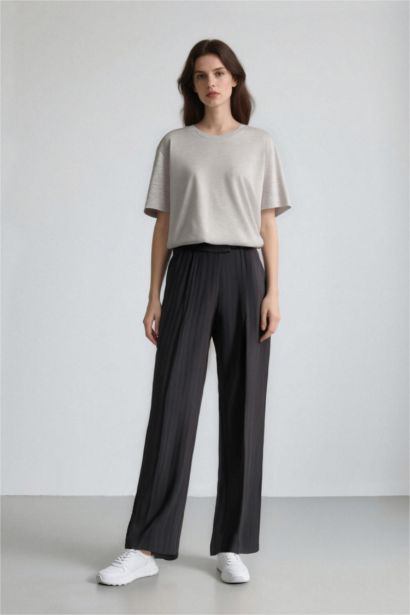 Sorbe x DeFacto Straight Fit Pantolon Yüksek Bel Çizgili Düz Paça Cepli