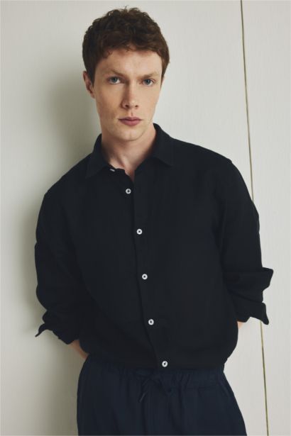 %100 Keten Regular Fit Polo Yaka Yazlık Uzun Kollu Siyah Gömlek