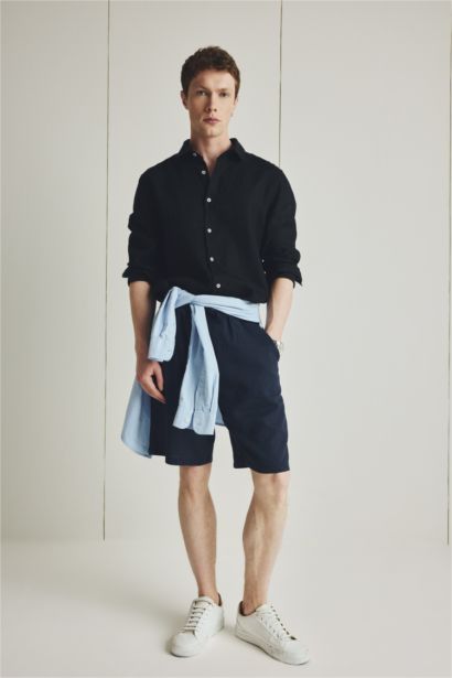 %100 Keten Regular Fit Polo Yaka Yazlık Uzun Kollu Siyah Gömlek