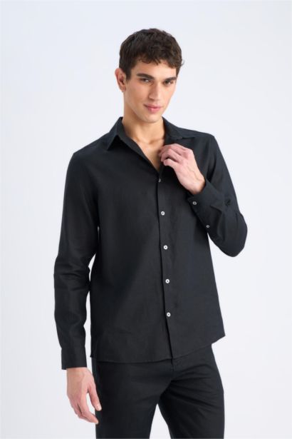 %100 Keten Regular Fit Polo Yaka Yazlık Uzun Kollu Siyah Gömlek