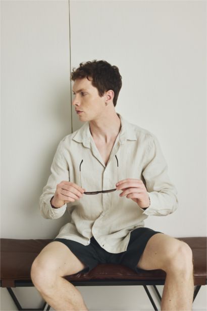 100% Linen Regular Fit Polo Collar Shirt