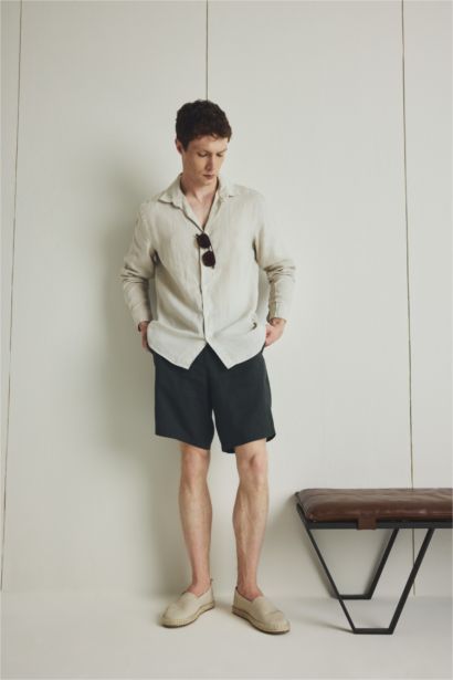 100% Linen Regular Fit Polo Collar Shirt