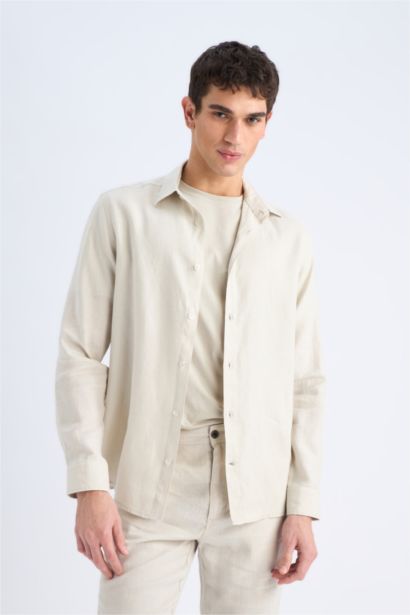 قميص كتان صيفي رمادي كم طويل قصة عادية وياقة بولو