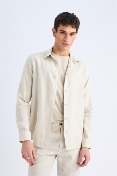 100% Linen Regular Fit Polo Collar Shirt