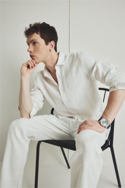 100% Linen Regular Fit Polo Collar White Shirt