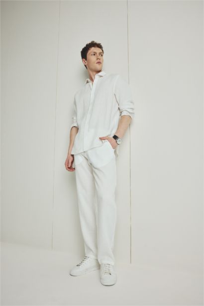 100% Linen Regular Fit Polo Collar White Shirt