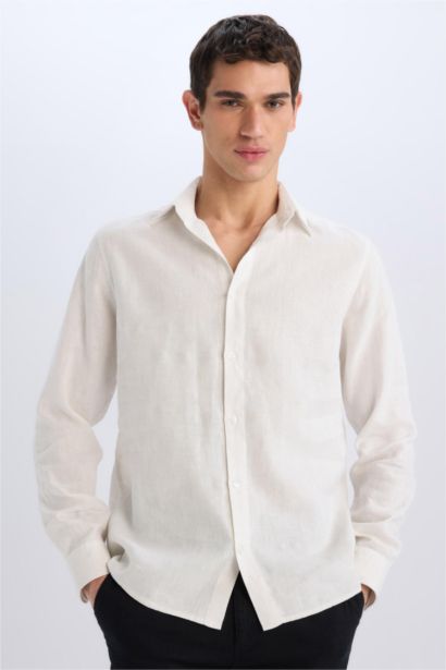100% Linen Regular Fit Polo Collar White Shirt