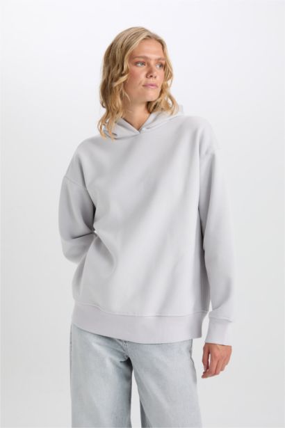 Relax Fit Kapüşonlu Kalın  Basic Düz Sweatshirt