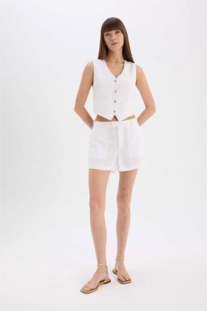 Шорты из Льняной Смеши с Высокой Посадкой и Стандартными Ногами