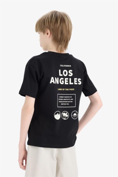 تيشيرت نص كم مطبوع قصة عادية بياقة مستديرة