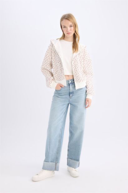 Loose Fit Desenli Kalın Fermuarlı Sweatshirt