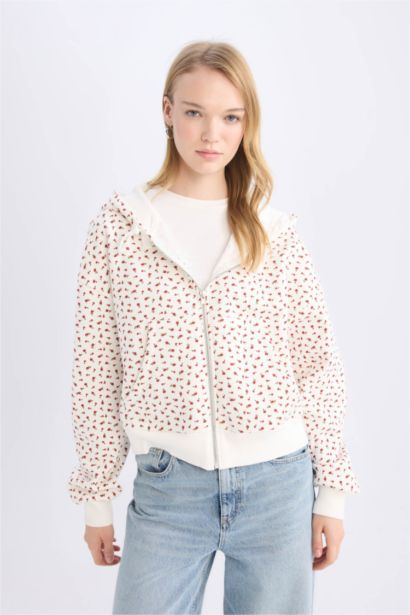 Loose Fit Desenli Kalın Fermuarlı Sweatshirt