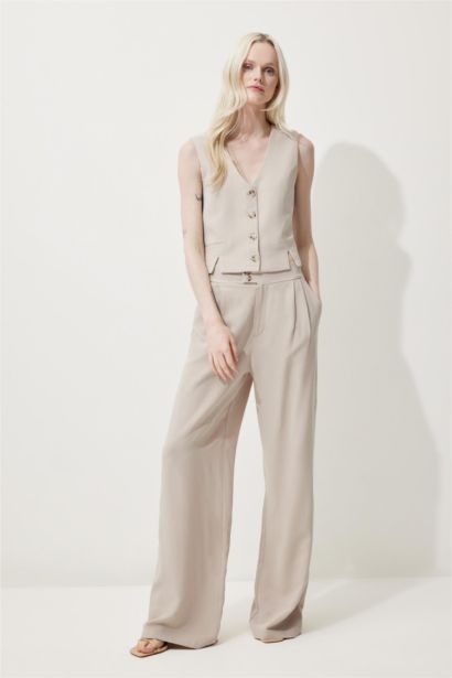 Wide Leg Geniş Paça Uzun Boy Keten Karışımlı Kumaş Palazzo Pantolon