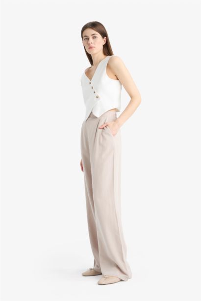 Wide Leg Geniş Paça Uzun Boy Keten Karışımlı Kumaş Palazzo Pantolon