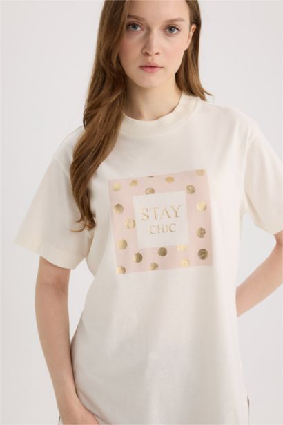 تيشيرت طويل مطبوع قصة مريحة بياخة مستديرة