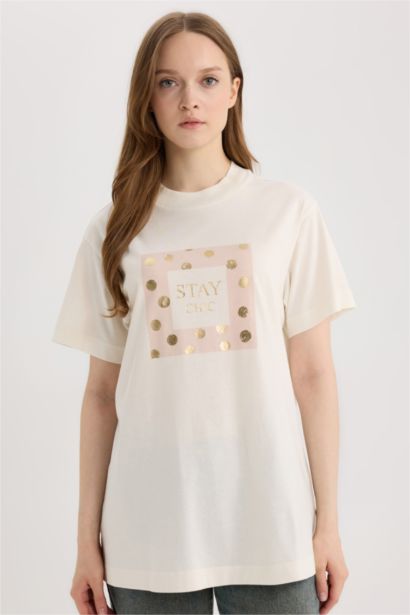 تيشيرت طويل مطبوع قصة مريحة بياخة مستديرة