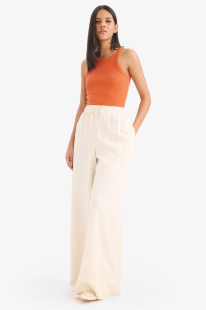Wide Leg High Waist Linen Blend Fabric Trousers
