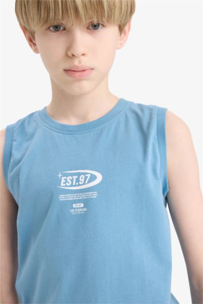 تيشيرت كت اولادي أزرق قصة عادية بطبعة ورقبة مستديرة