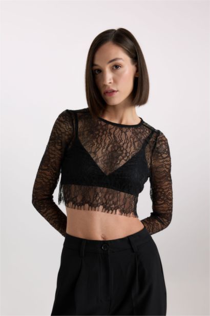 Crew Neck Lace Long Sleeve Blouse