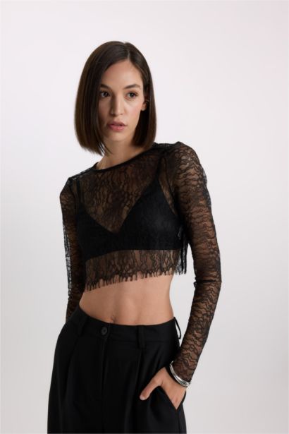 Crew Neck Lace Long Sleeve Blouse