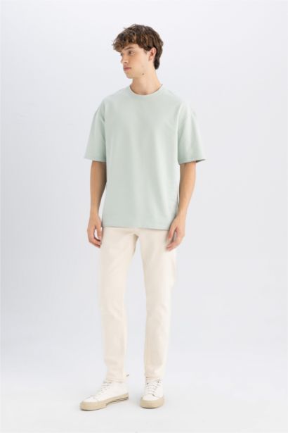 %100 Pamuk Boxy Fit Bisiklet Yaka Basic Düz Kısa Kollu Tişört