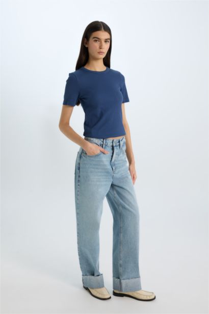 Slim Fit Crew Neck Basic Casual Corduroy T-shirt