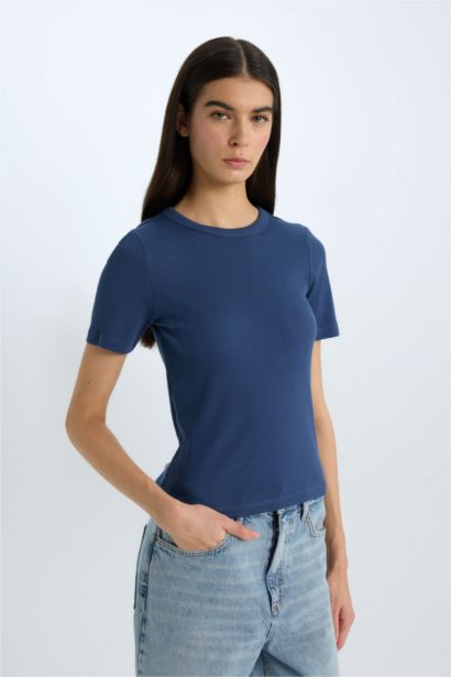 Slim Fit Crew Neck Basic Casual Corduroy T-shirt