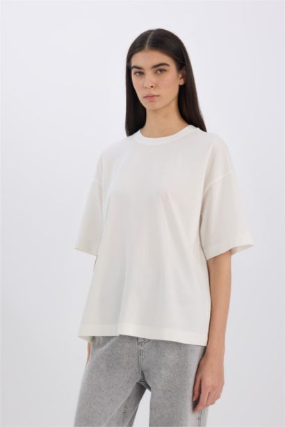 تيشيرت نص ردن سادة اوفر سايز بياخة مستديرة