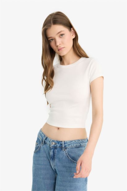 Fitted Bisiklet Yaka Basic Düz Fitilli Kaşkorse Kısa Kollu Beyaz Tişört