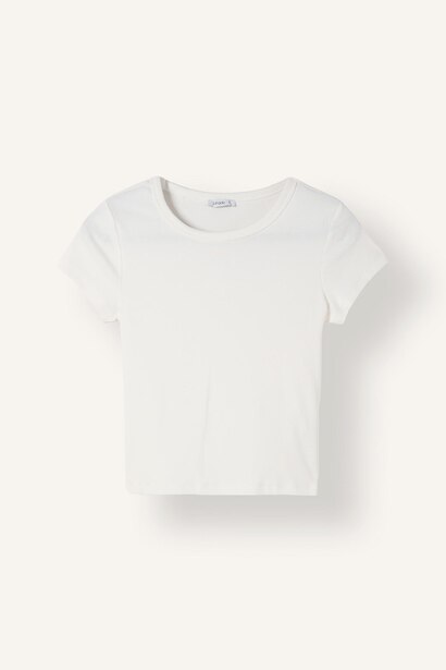 Fitted Fit White Basic Ribbed Crew Neck Short Sleeve T-Shirt
