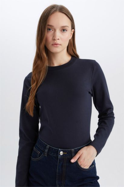 Regular Fit Bisiklet Yaka Basic Düz Pamuklu Uzun Kollu Tişört