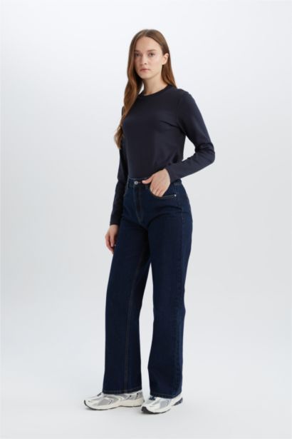 Regular Fit Bisiklet Yaka Basic Düz Pamuklu Uzun Kollu Tişört