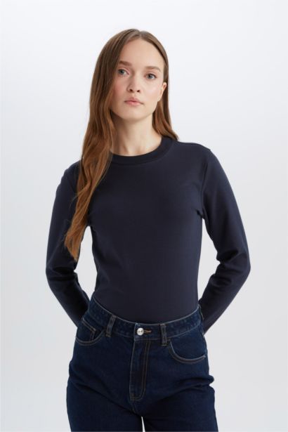 Regular Fit Bisiklet Yaka Basic Düz Pamuklu Uzun Kollu Tişört