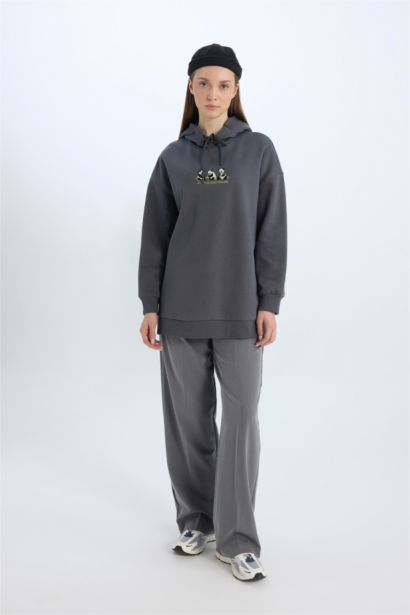 Regular Fit Kapüşonlu Baskılı İçi Yumuşak Tüylü Kalın Sweatshirt Tunik