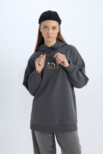 Regular Fit Kapüşonlu Baskılı İçi Yumuşak Tüylü Kalın Sweatshirt Tunik