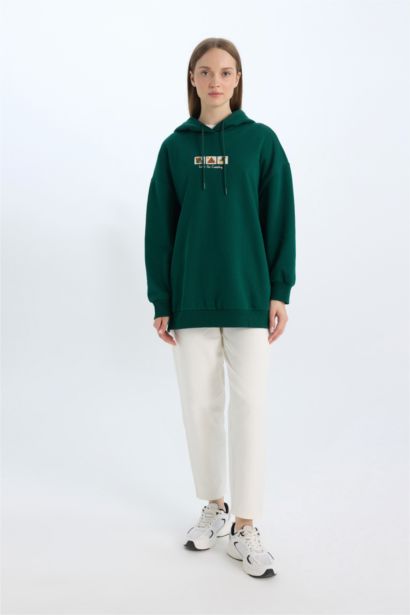 Relax Fit Baskılı Kapüşonlu İçi Yumuşak Tüylü Kalın Sweatshirt Tunik