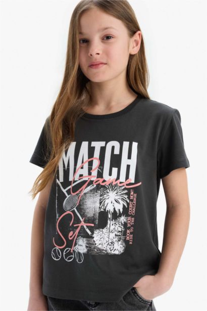 Bisiklet Yaka Baskılı Kısa Kollu Tişört Kız Çocuk