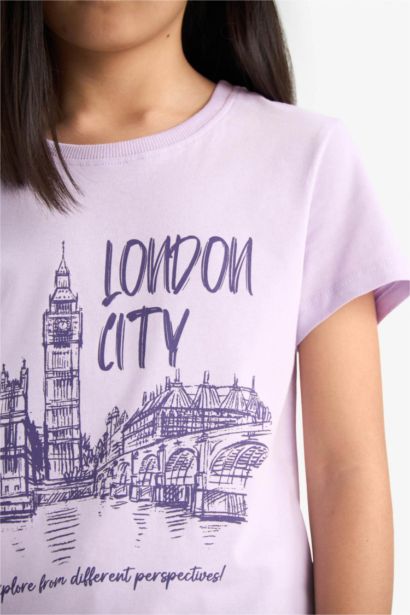 Bisiklet Yaka Baskılı Kısa Kollu Tişört Kız Çocuk