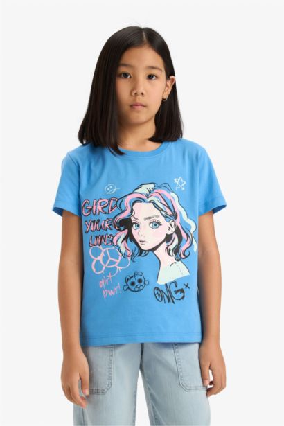 Bisiklet Yaka Baskılı Kısa Kollu Tişört Kız Çocuk