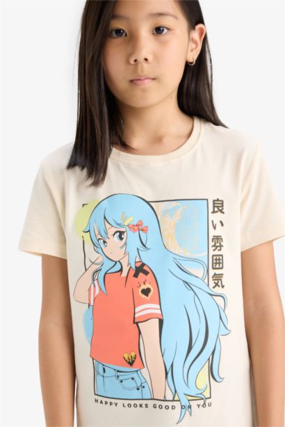 Girl Crew Neck Anime Printed Short Sleeve T-Shirt