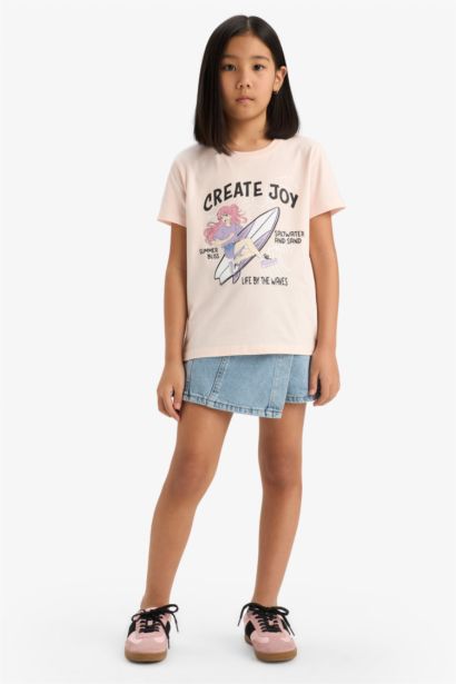 T-shirt imprimé anime à col rond et manches courtes pour fille