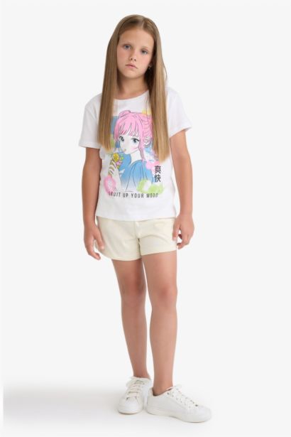 Bisiklet Yaka Anime Baskılı Kısa Kollu Tişört Kız Çocuk