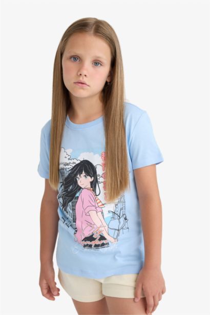 Bisiklet Yaka Anime Baskılı Kısa Kollu Tişört Kız Çocuk