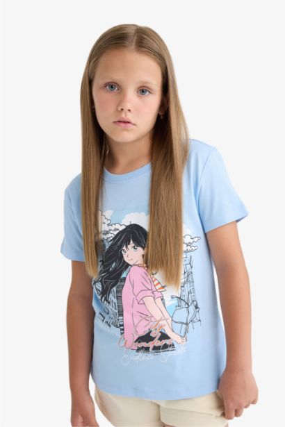 Bisiklet Yaka Anime Baskılı Kısa Kollu Tişört Kız Çocuk